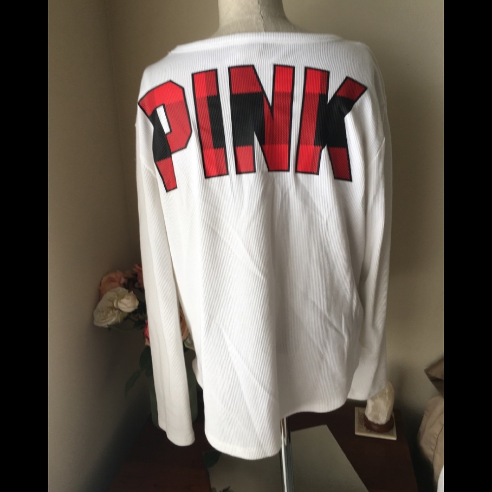 PINK waffle knit top with plaid letters on back ❤️